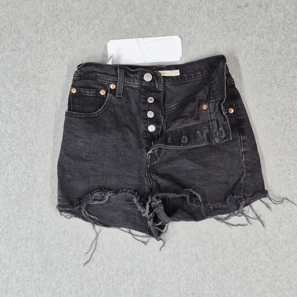 Levi's Ribcage Shorts Women Shorts W24 Black Denim Frayed 2" Inseam Button Fly